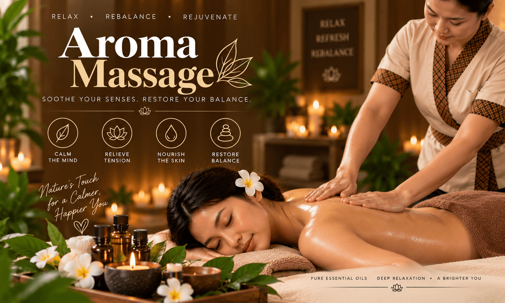 Aromatherapy massage with essential oils and candles