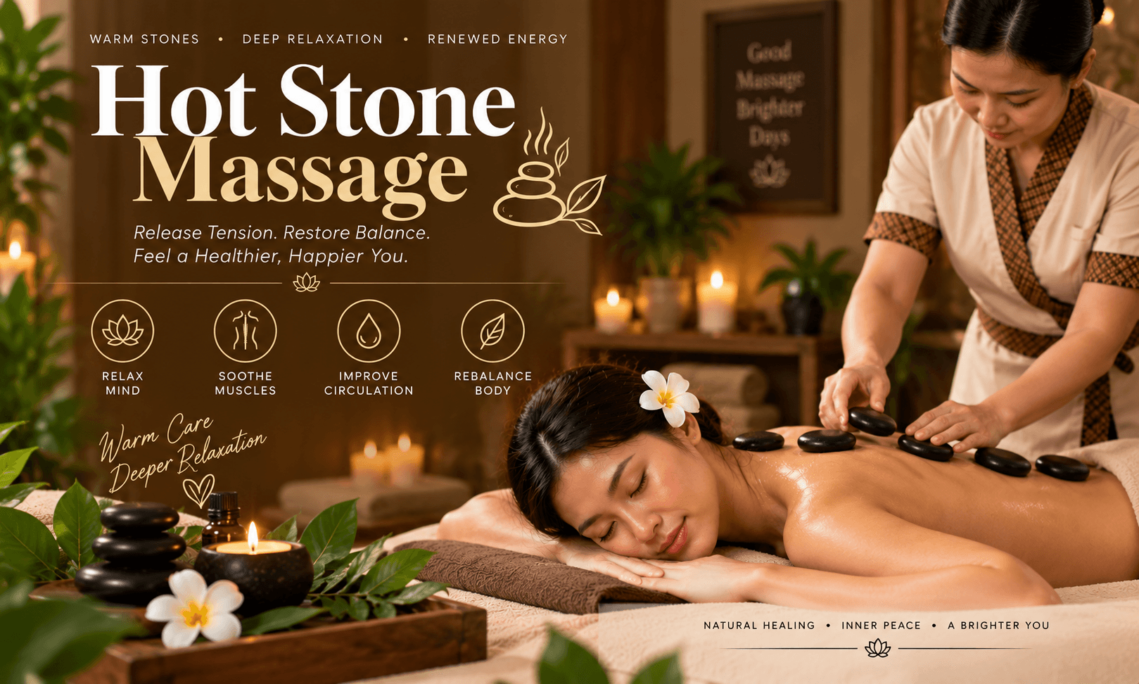 Hot stones placed along a back