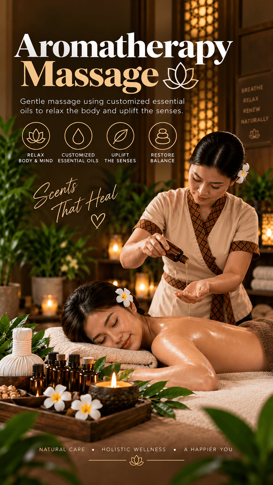 Aromatherapy massage with essential oils and candles