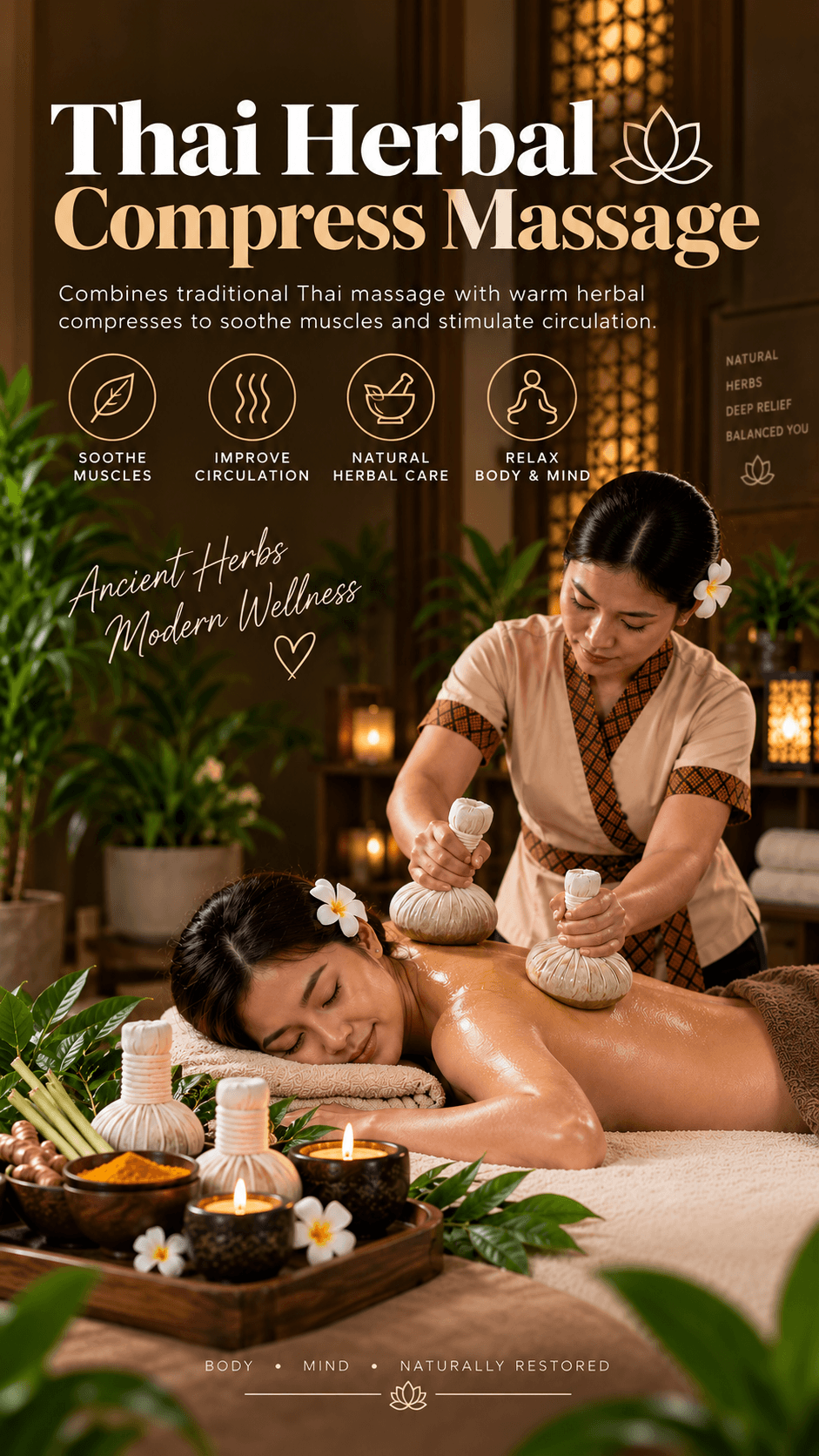 Warm Thai herbal compress pressed onto a back