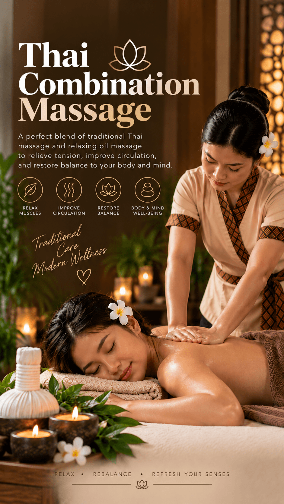 Therapist combining Thai stretching with oil massage