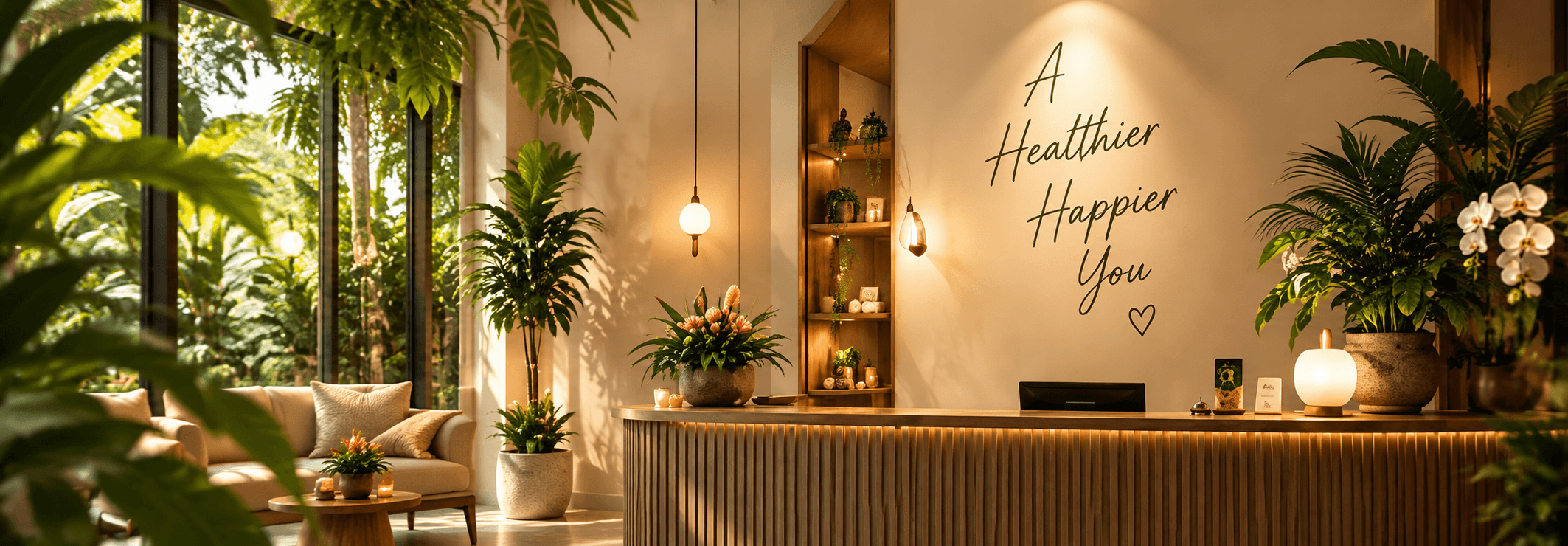 Spa reception with plants, candles and the words A Healthier Happier You on the wall