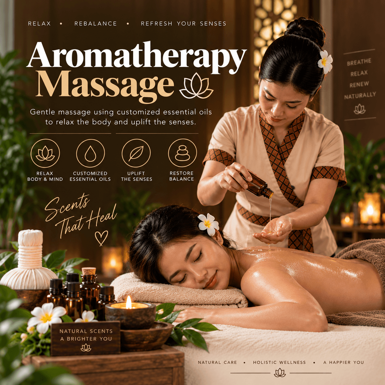 Aromatherapy massage with essential oils and candles