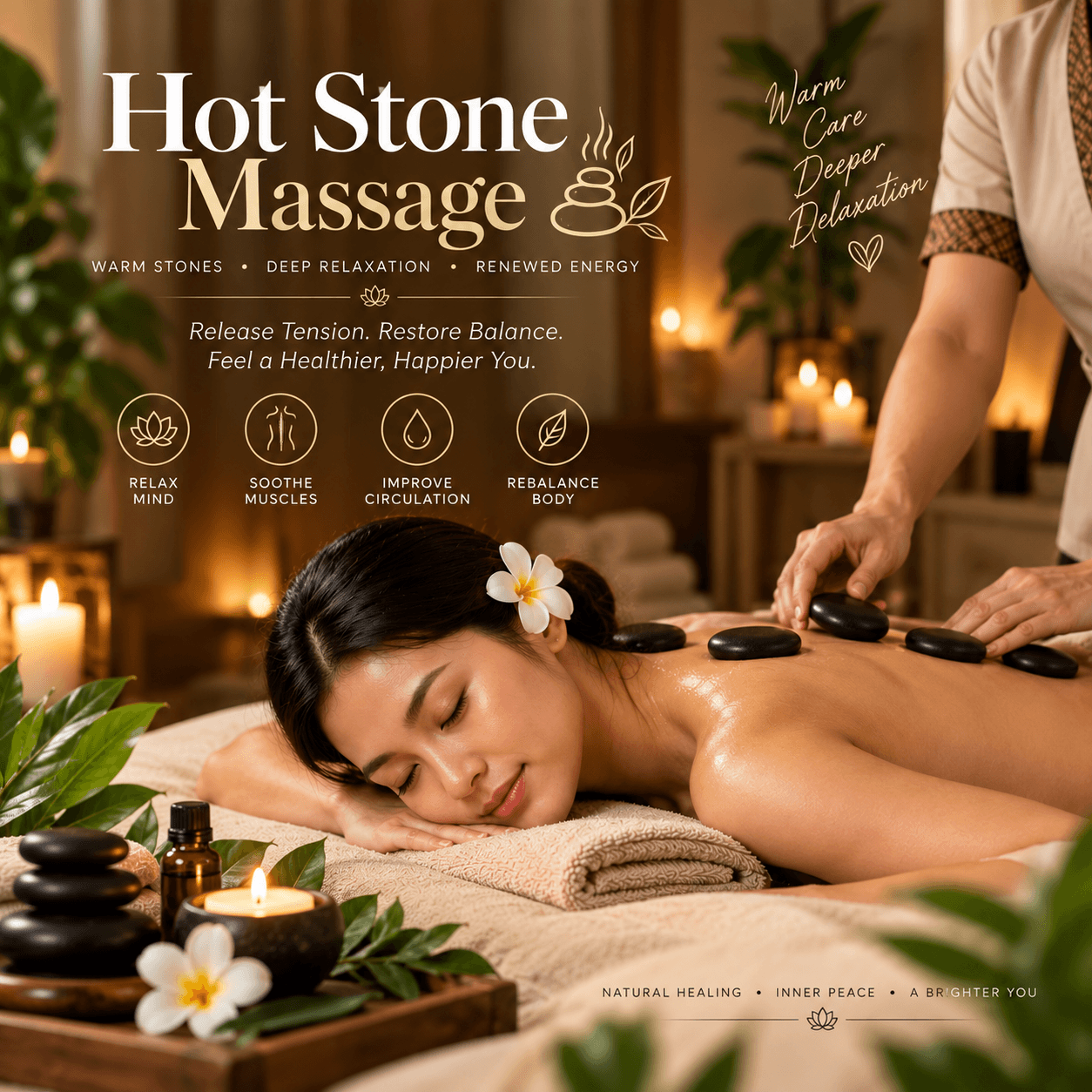 Hot stones placed along a back